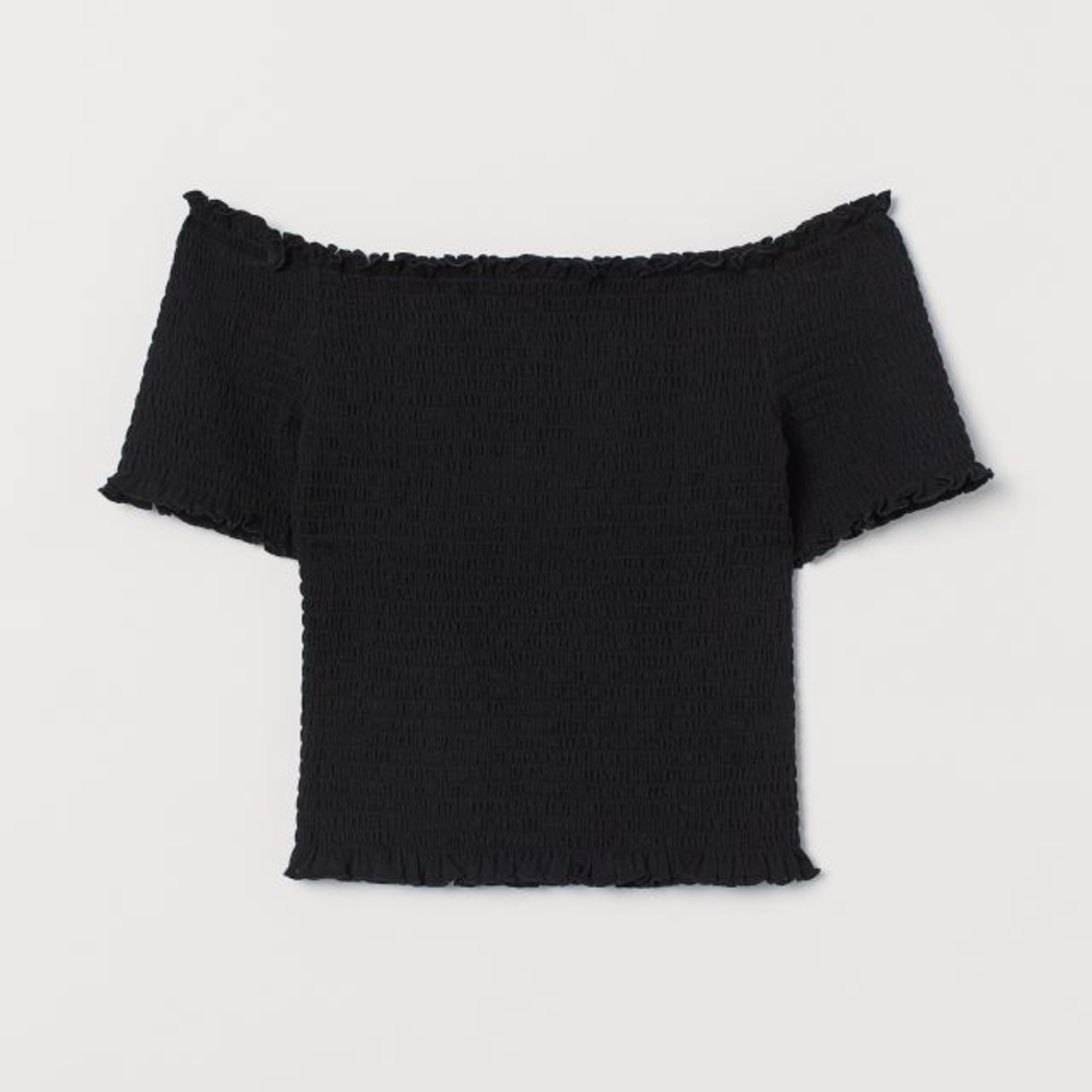 Smocked black off the shoulder short sleeve crop top shirt Maverick Collection